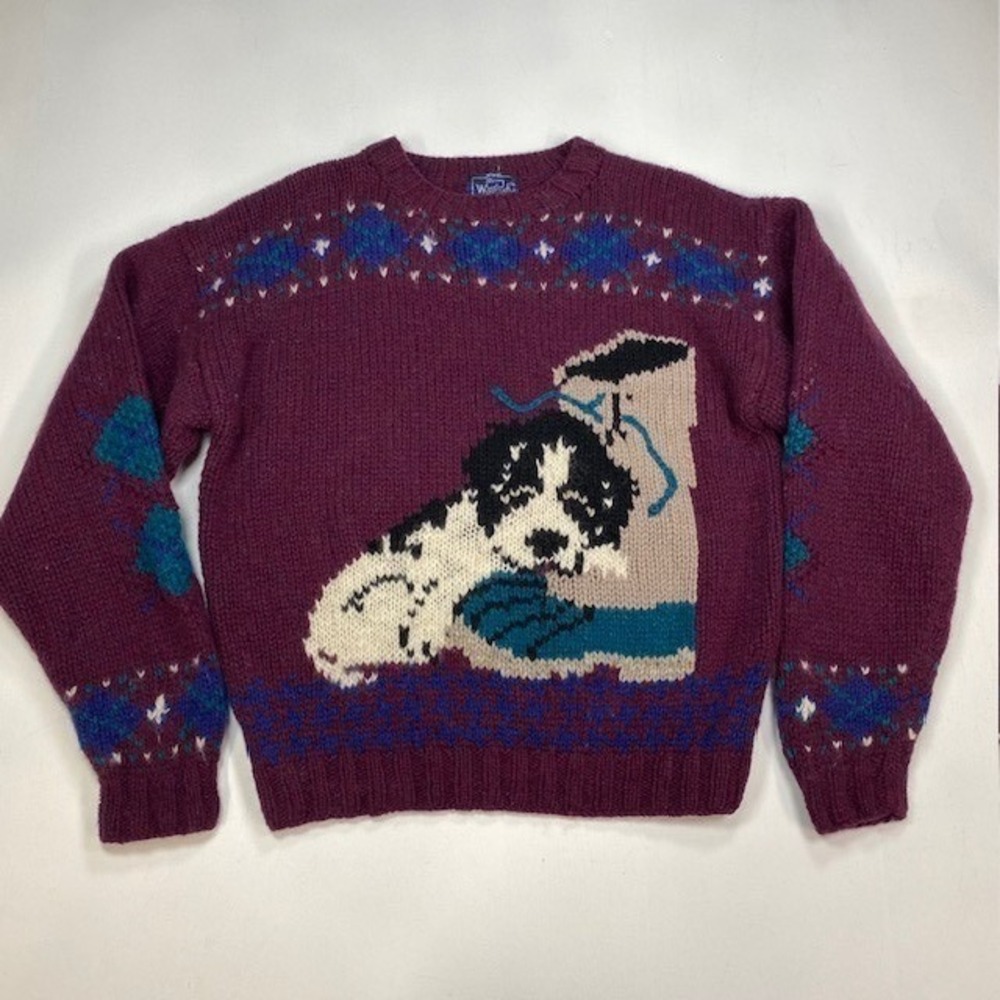 Woolrich Women's Vintage 100% Wool Dog Puppy Boot Sweater Purple Large 9742